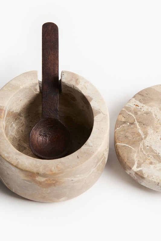 Marble Salt Cellar with Lid & Wooden Spoon